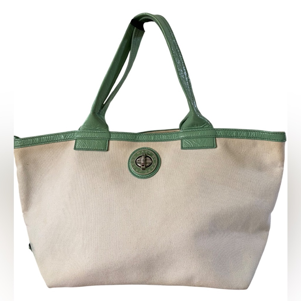 Marc By Marc Jacobs Green and Cream Canvas Tote Bag